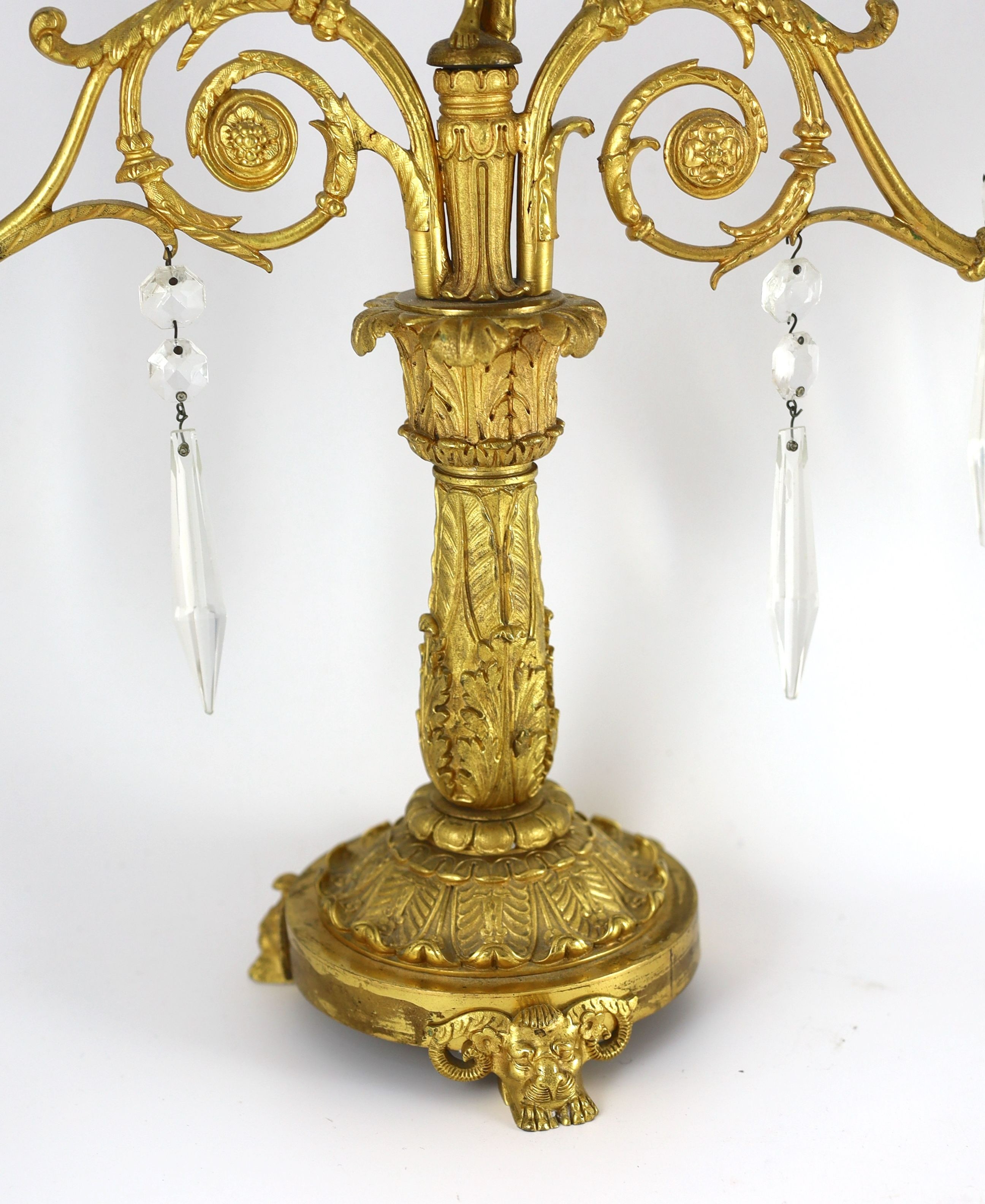 A pair of 19th century Grecian revival ormolu two lights candelabra, 39cm wide depth 13cm 44cm high